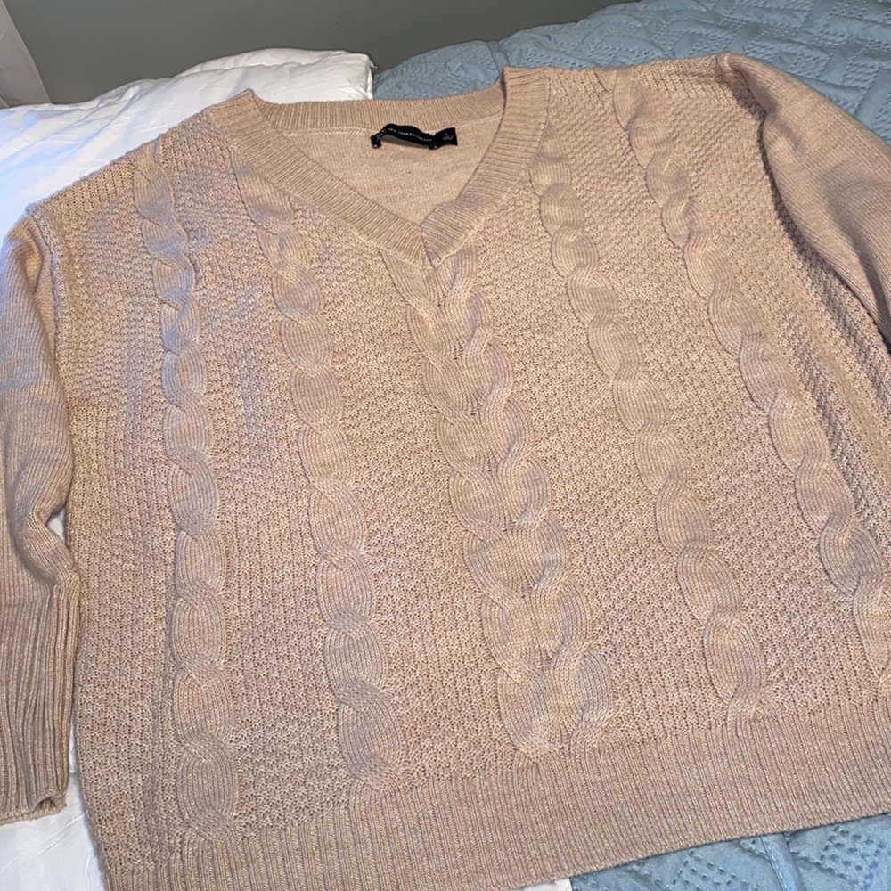 New York & Company oversized slouch cable knit v-neck women’s sweater cream LG